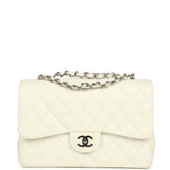 Vintage Chanel Classic Jumbo Single Flap Bag White Caviar Silver Hardware