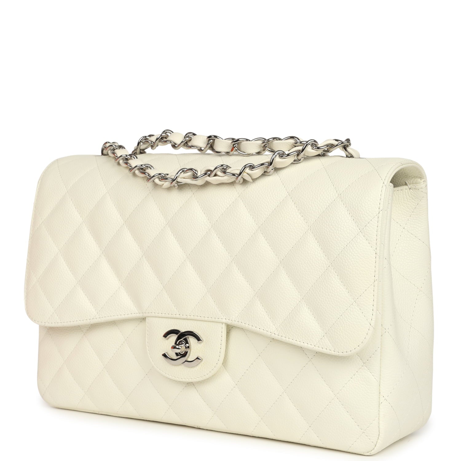 Vintage Chanel Classic Jumbo Single Flap Bag White Caviar Silver Hardware