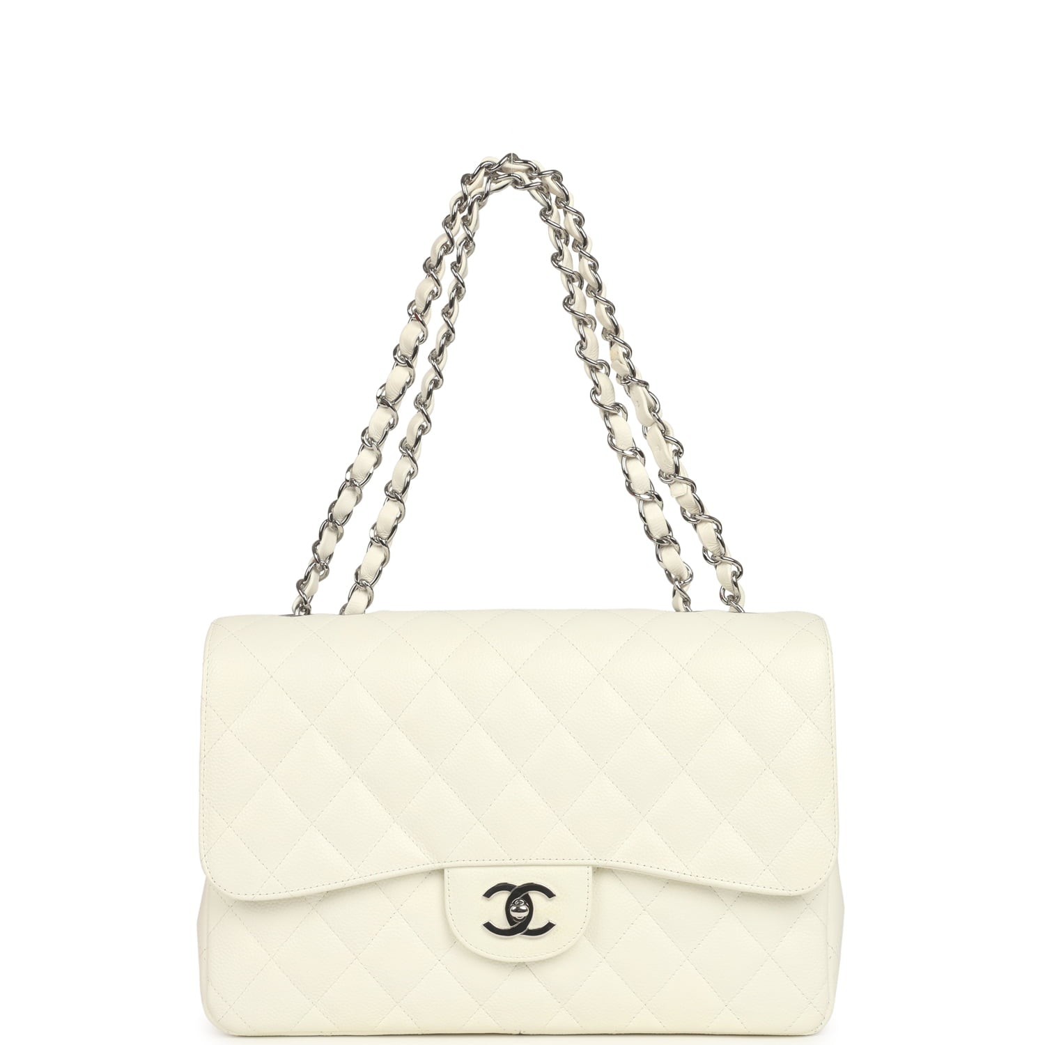 Vintage Chanel Classic Jumbo Single Flap Bag White Caviar Silver Hardware