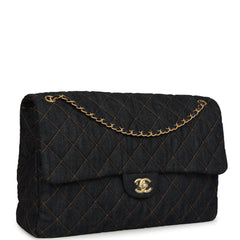 Chanel XXL Classic Single Travel Flap Bag Dark Blue Denim Brushed Gold Hardware