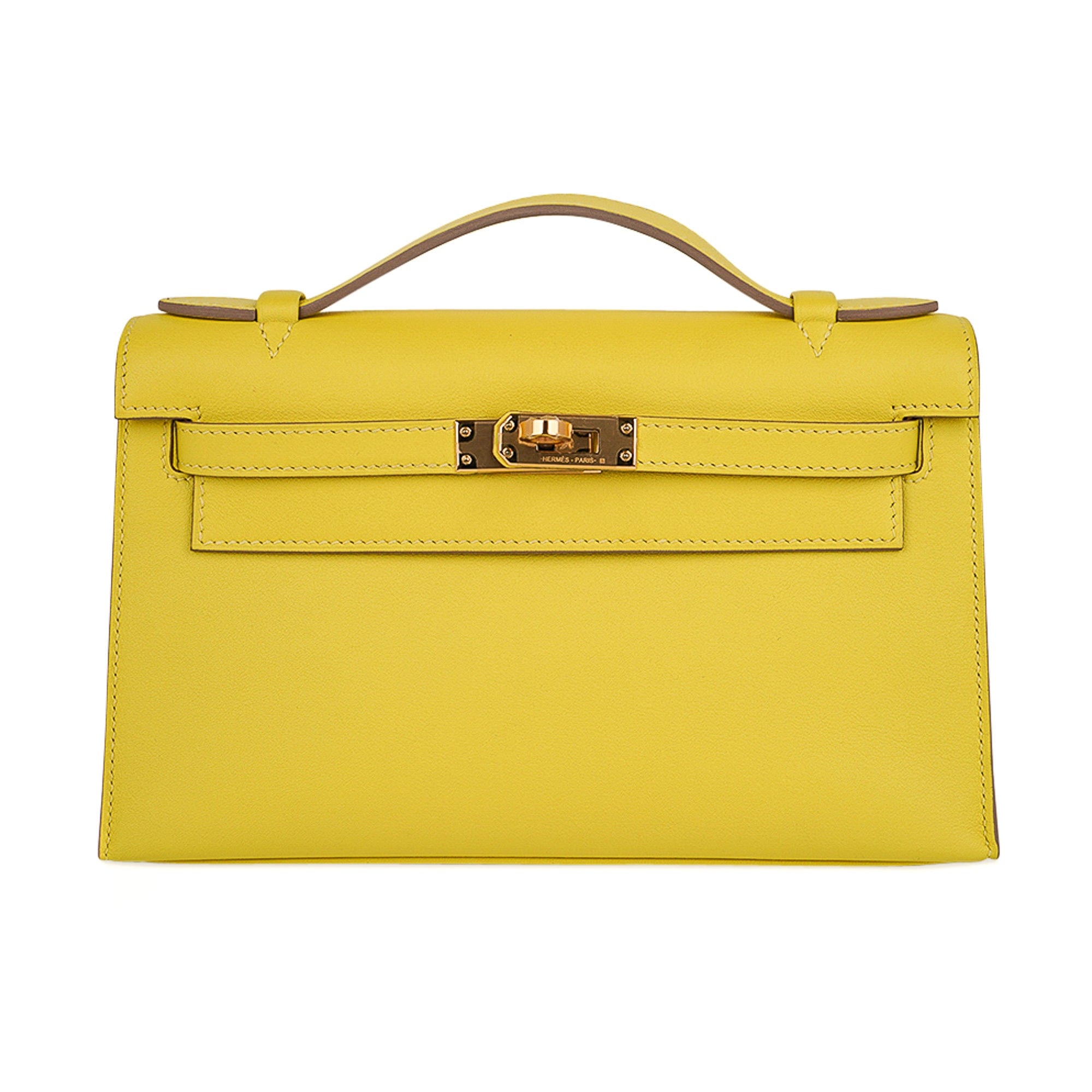 Kelly Pochette Bag Lime Clutch Gold Hardware Swift Leather