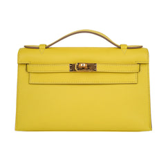Kelly Pochette Bag Lime Clutch Gold Hardware Swift Leather