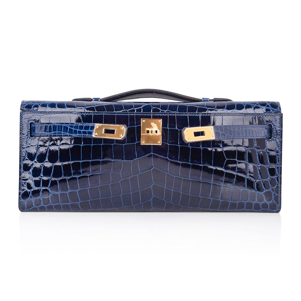 Kelly Cut Blue Sapphire Crocodile Clutch Bag Gold Hardware
