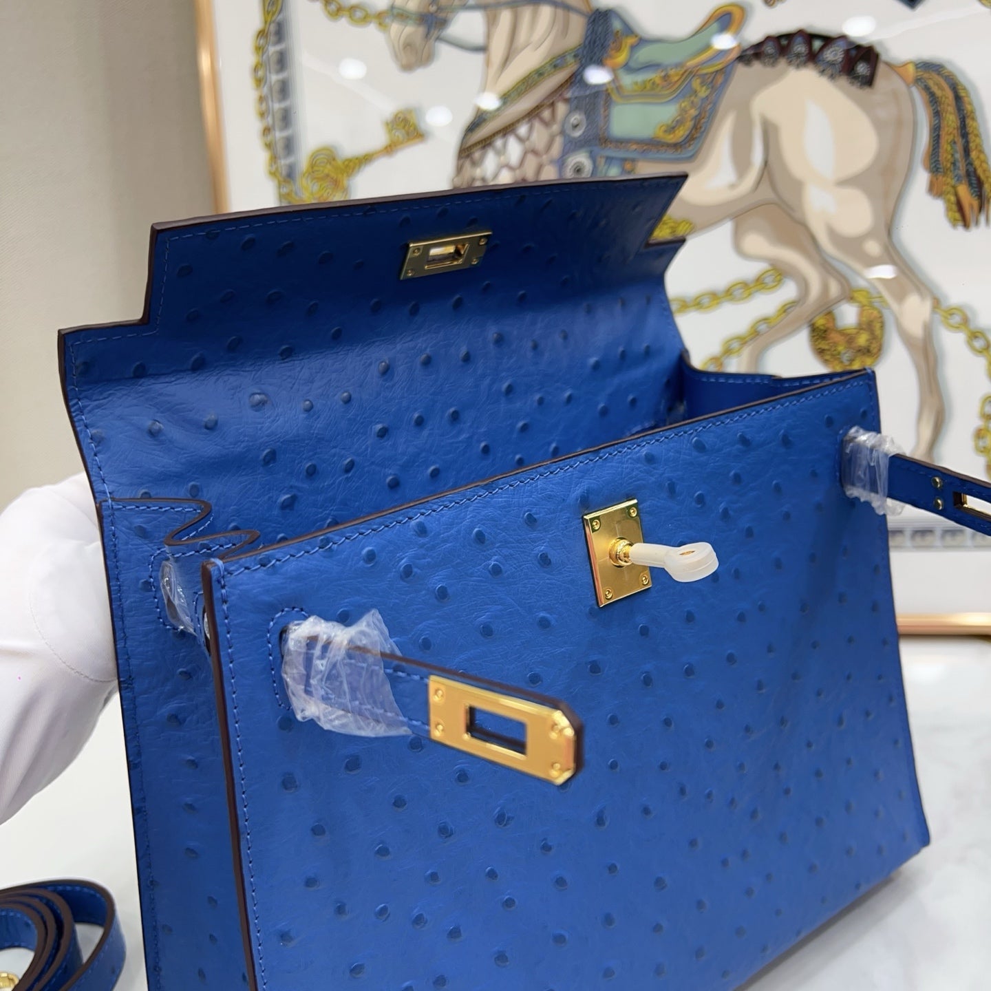 Kelly Sellier 25cm Bleu Electrique Ostrich Gold Hardware Premium Crossbody Purse