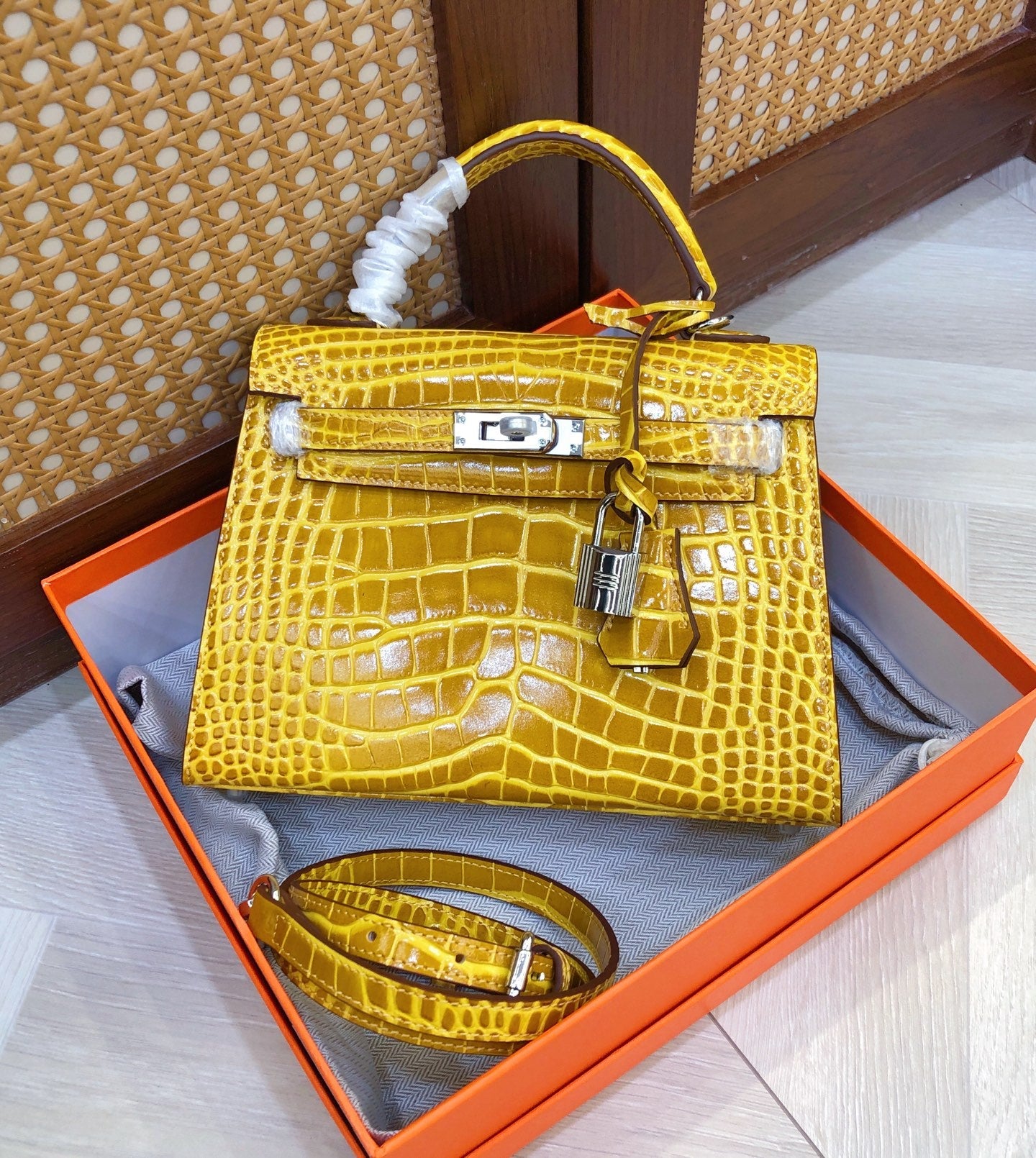 Kelly Sellier 22cm Jaune Ambre Shiny Crocodile Leather Gold Hardware & Palladium Hardware Women Handbag