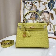 Kelly Sellier 25cm Jaune Poussin Ostrich Gold Hardware Designer Women Shoulder Handbag
