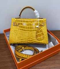 Kelly Sellier 19cm Jaune Ambre Shiny Crocodile Leather Gold Hardware & Palladium Hardware Women Handbag