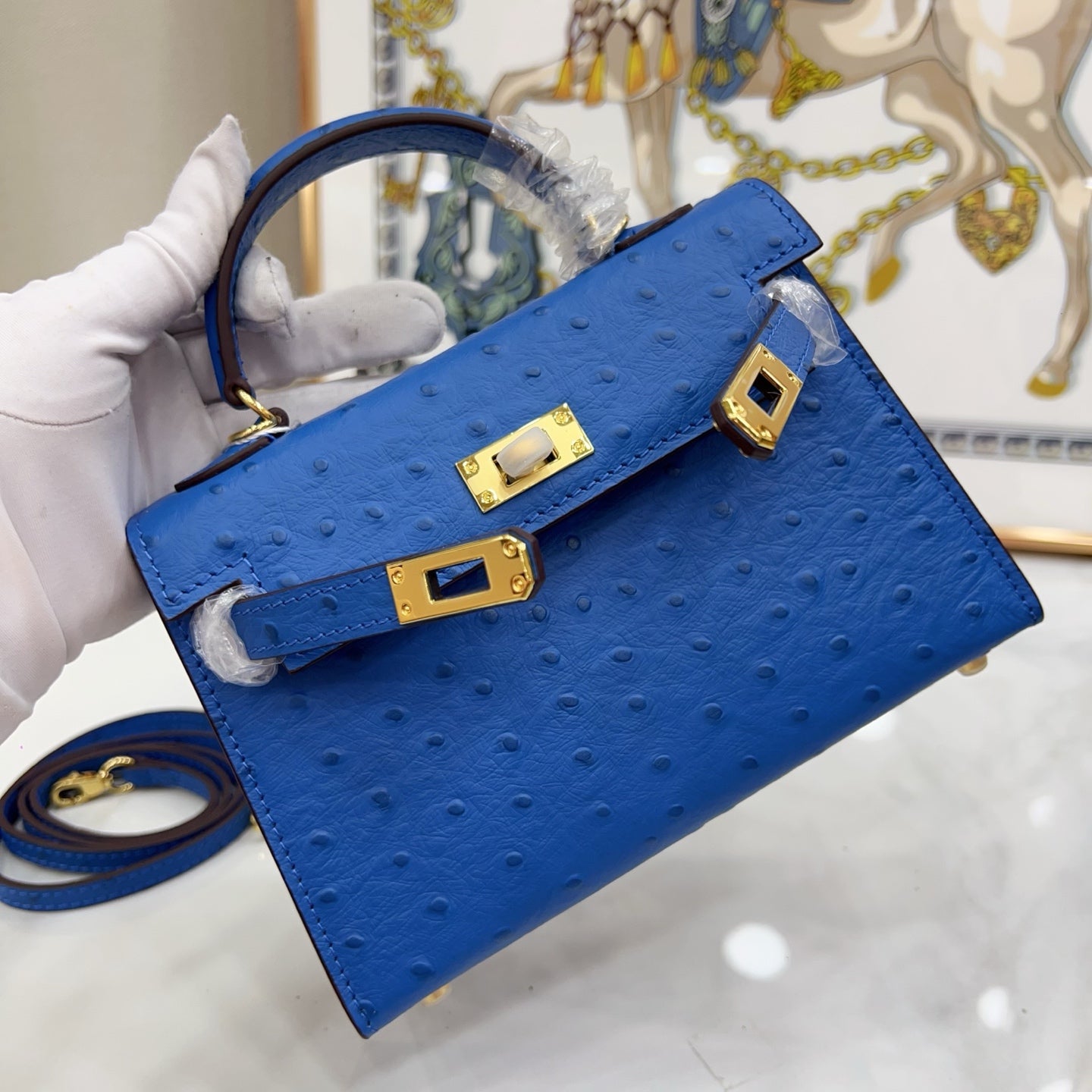 Mini Kelly II 19cm Sellier Bleu Electrique Ostrich Gold Hardware Luxury Crossbody Handbag