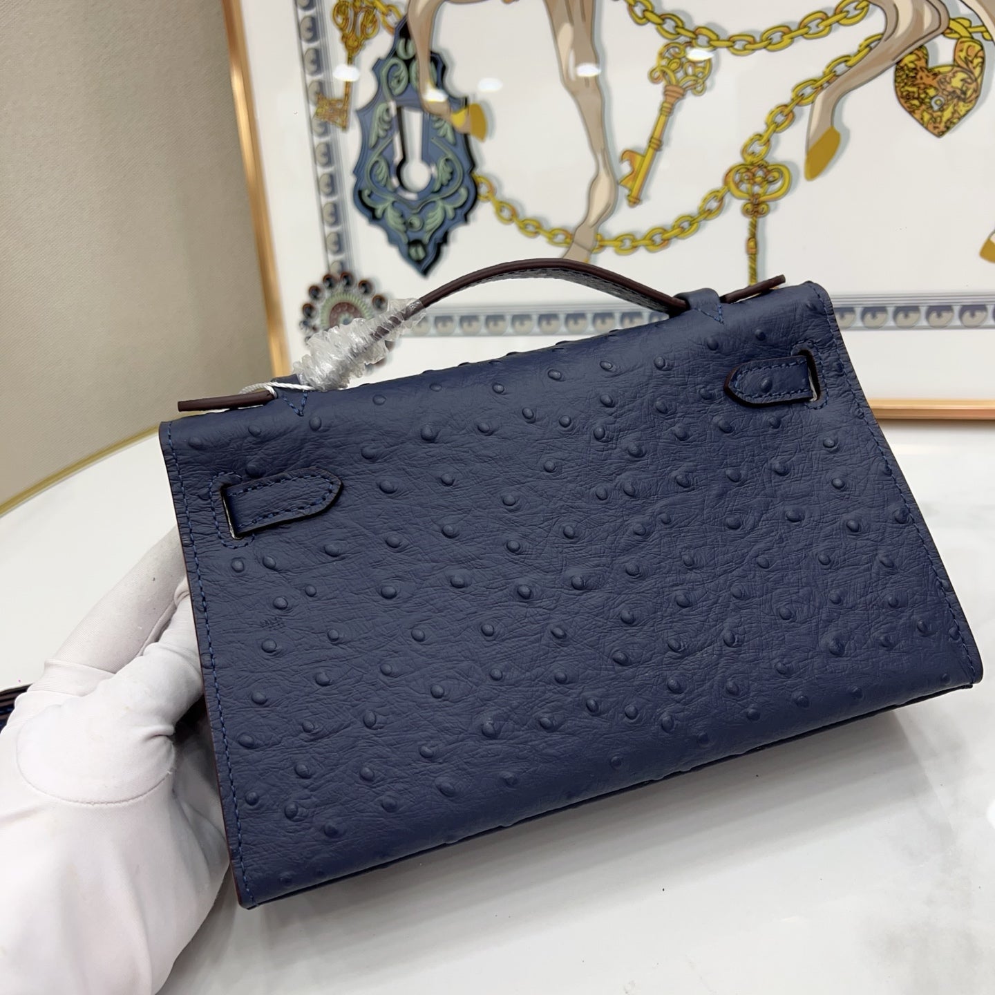 Mini Kelly Sellier 22cm Bleu Nuit Ostrich Leather Gold Hardware Women Mini Handbag