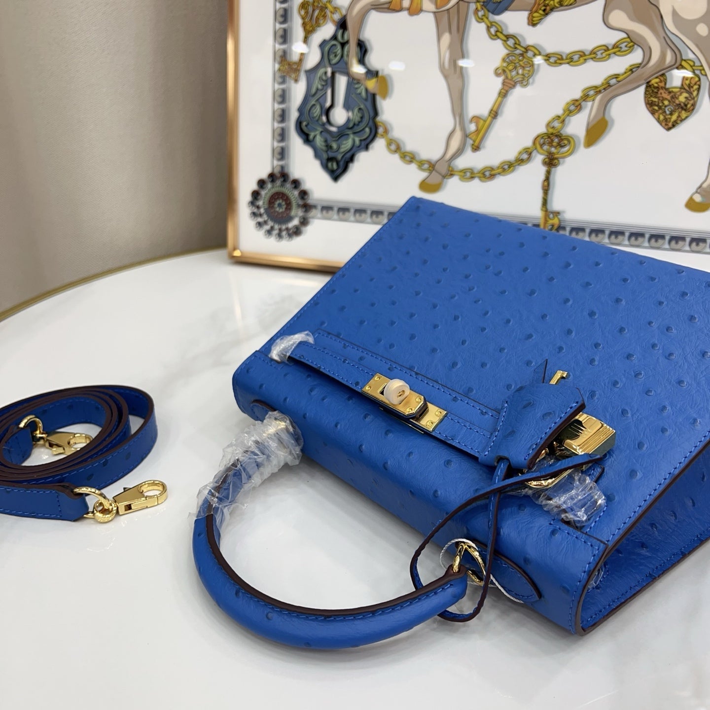 Kelly Sellier 25cm Bleu Electrique Ostrich Gold Hardware Premium Crossbody Purse
