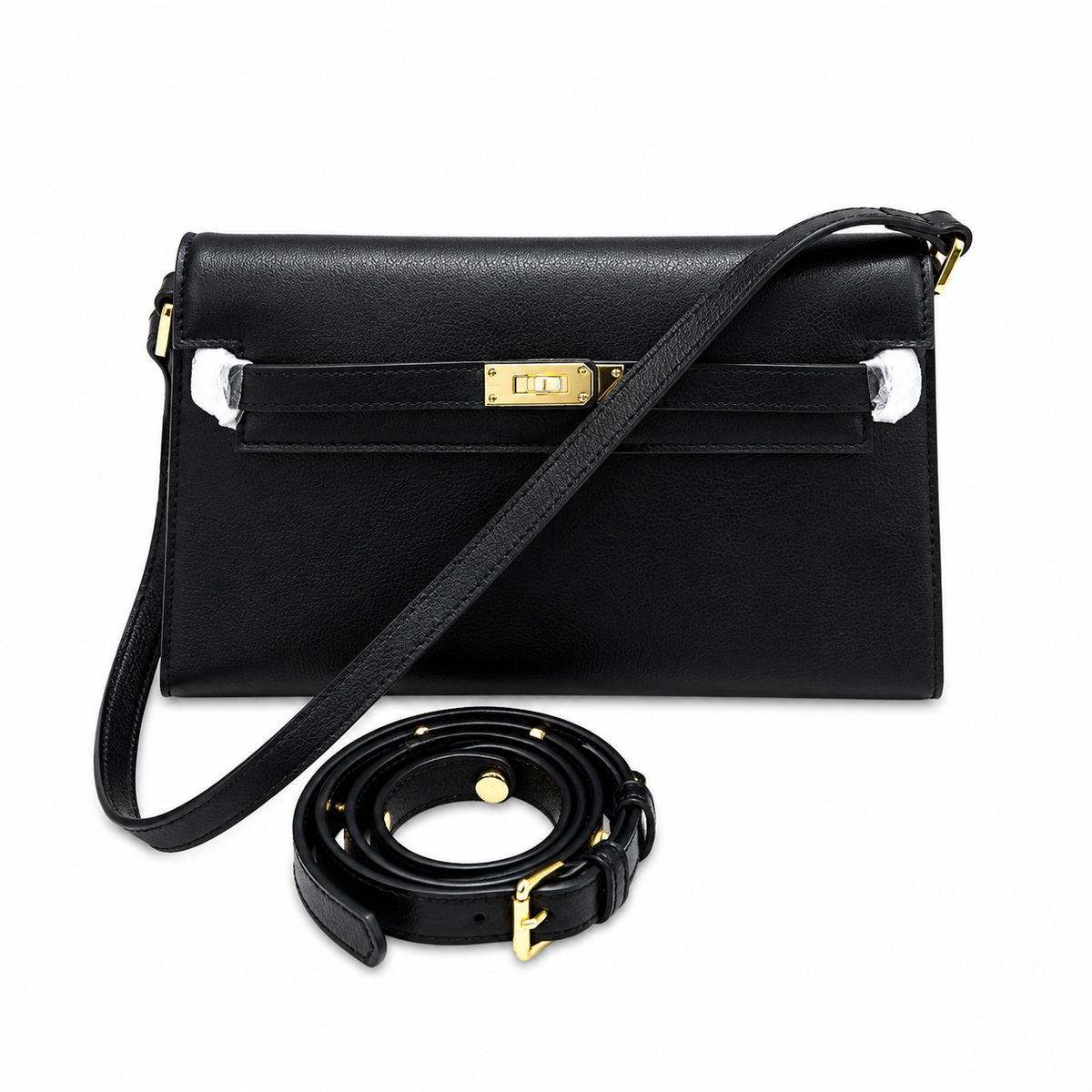 Kelly Elan 25 Underarm Baguette Bag, Genuine Top Layer Cowhide with Glossy Goat Grain, Gold Hardware Black Shoulder Handbag, Spacious Capacity Casual Versatile Daily Purse Size 25×6.5×15cm