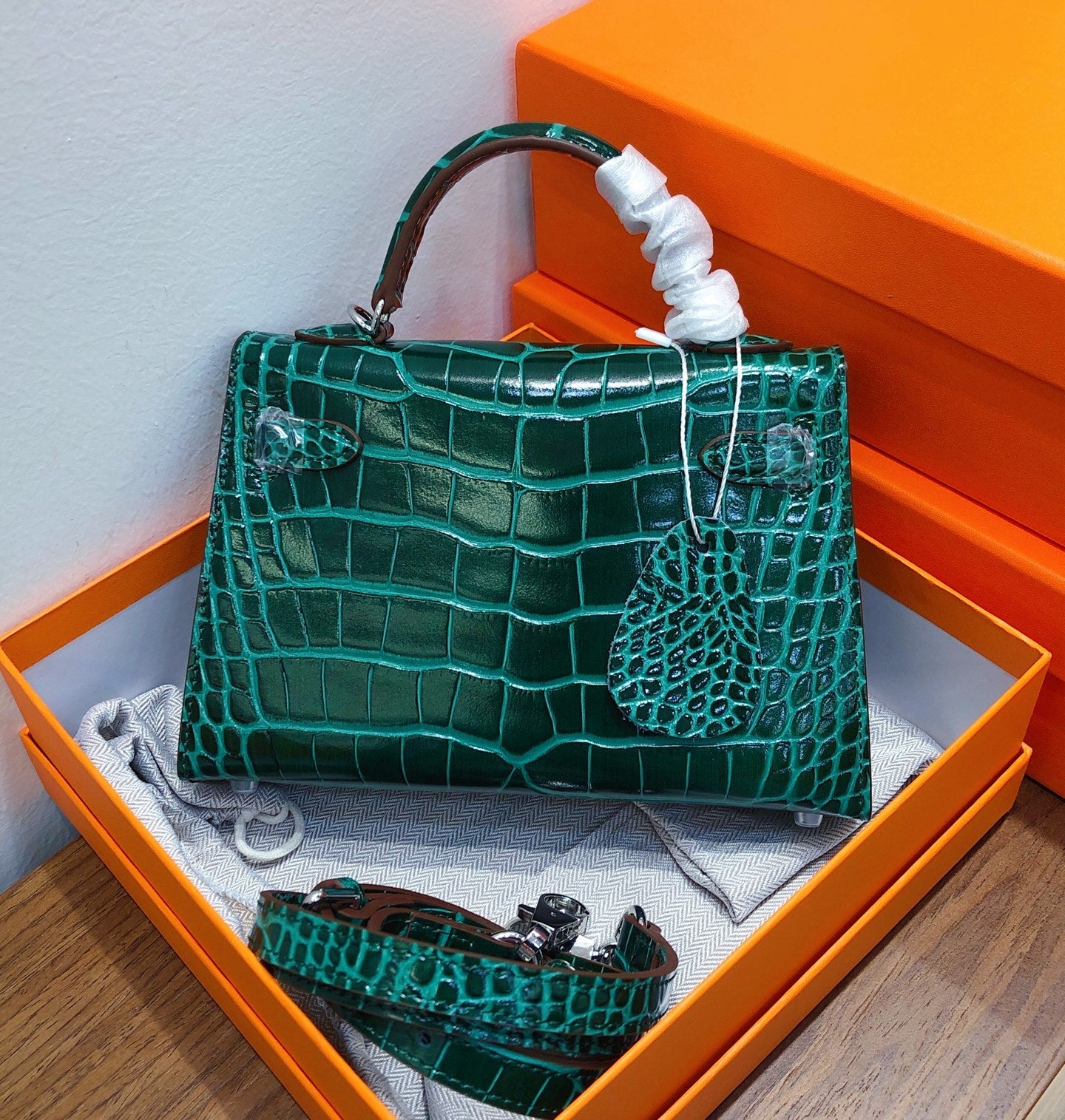 Kelly Sellier 19cm Vert Emeraude Shiny Crocodile Leather Gold Hardware & Palladium Hardware Women Handbag