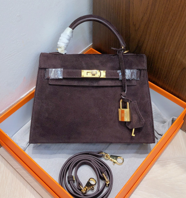 Mini Kelly Sellier 22cm Ebene Suede Leather Gold Hardware Women Mini Handbag