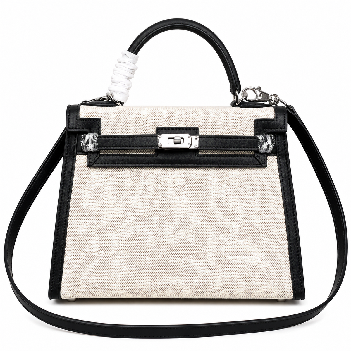 Top Selling Kelly 25 Bag With Outside Stitching, Made Of Textured Canvas & Soft Swift Leather Patchwork, Classic Black Silver Hardware Combination, Stunning Mixed Material Texture Dimensions: Length 25 * Width 10 * Height 18cm