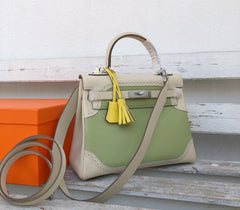 Kelly Sellier Ghillies 28cm Craie & Vert Pomme Barenia Leather Palladium Hardware Women Handbag