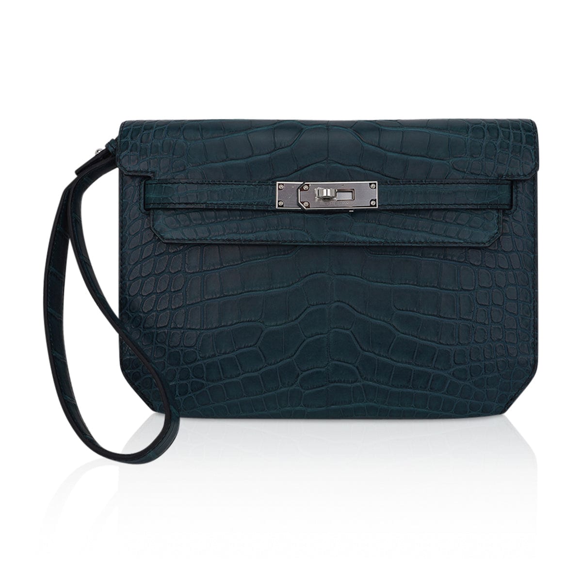 Kelly Depeches 25 Pouch Vert Rousseau Matte Alligator Palladium Hardware