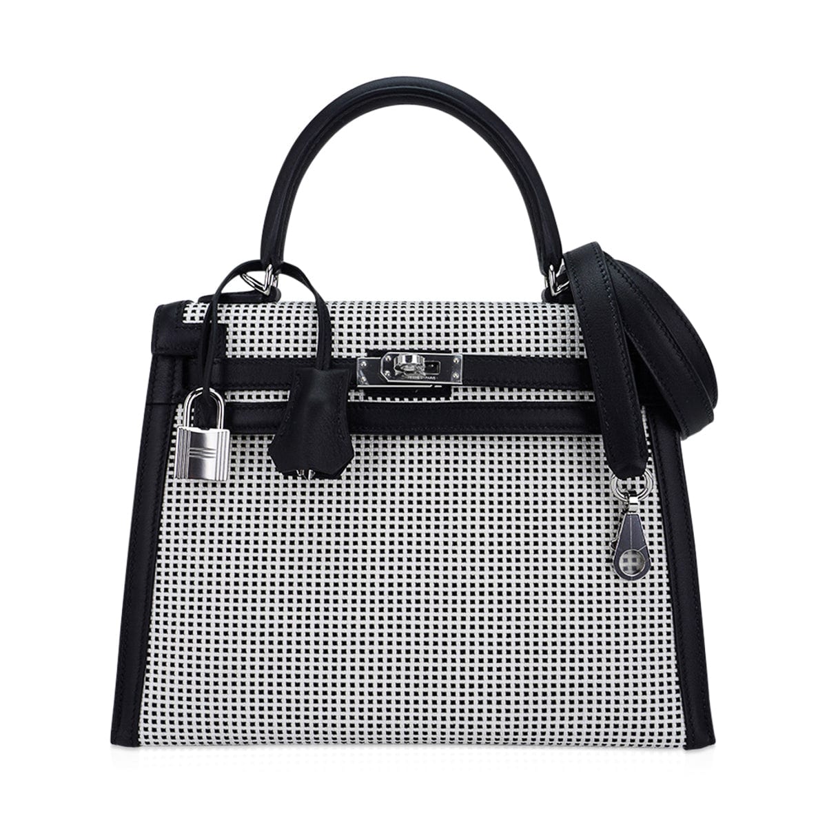Kelly 25 Sellier Bag Quadrille Black & White Viking Toile Swift Leather with Palladium Hardware