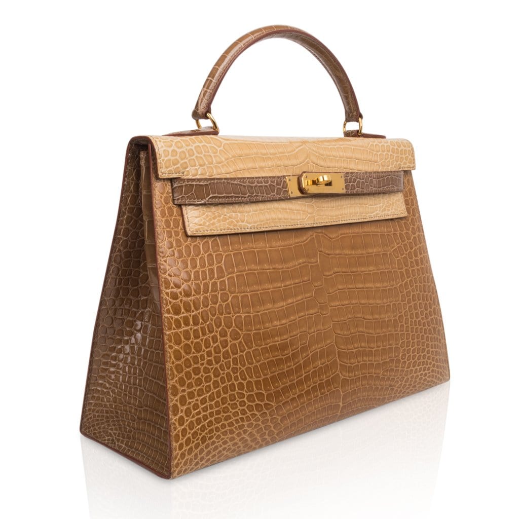 Limited Edition Tri-Color Kelly Sellier 32 Bag  Poussiere Poudre Ficelle Porosus Crocodile